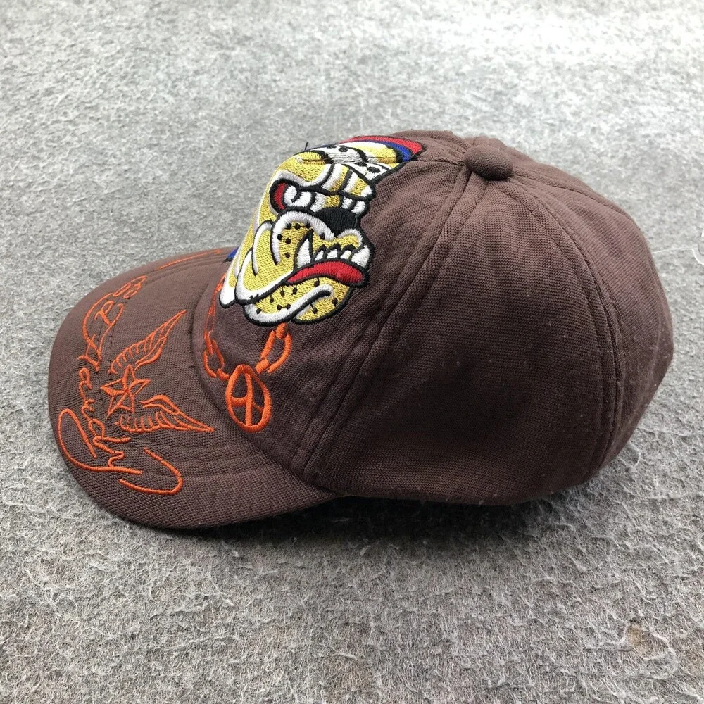 Ed Hardy Hat Cap Fitted Boys Brown Twill Embroidered Dog Tattoo Youth Y2K